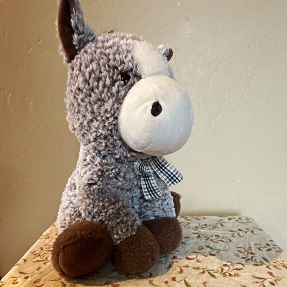 Gray/White/Brown Donkey Plush Stuffed Animal Small (6-14 in) Plaid Bow